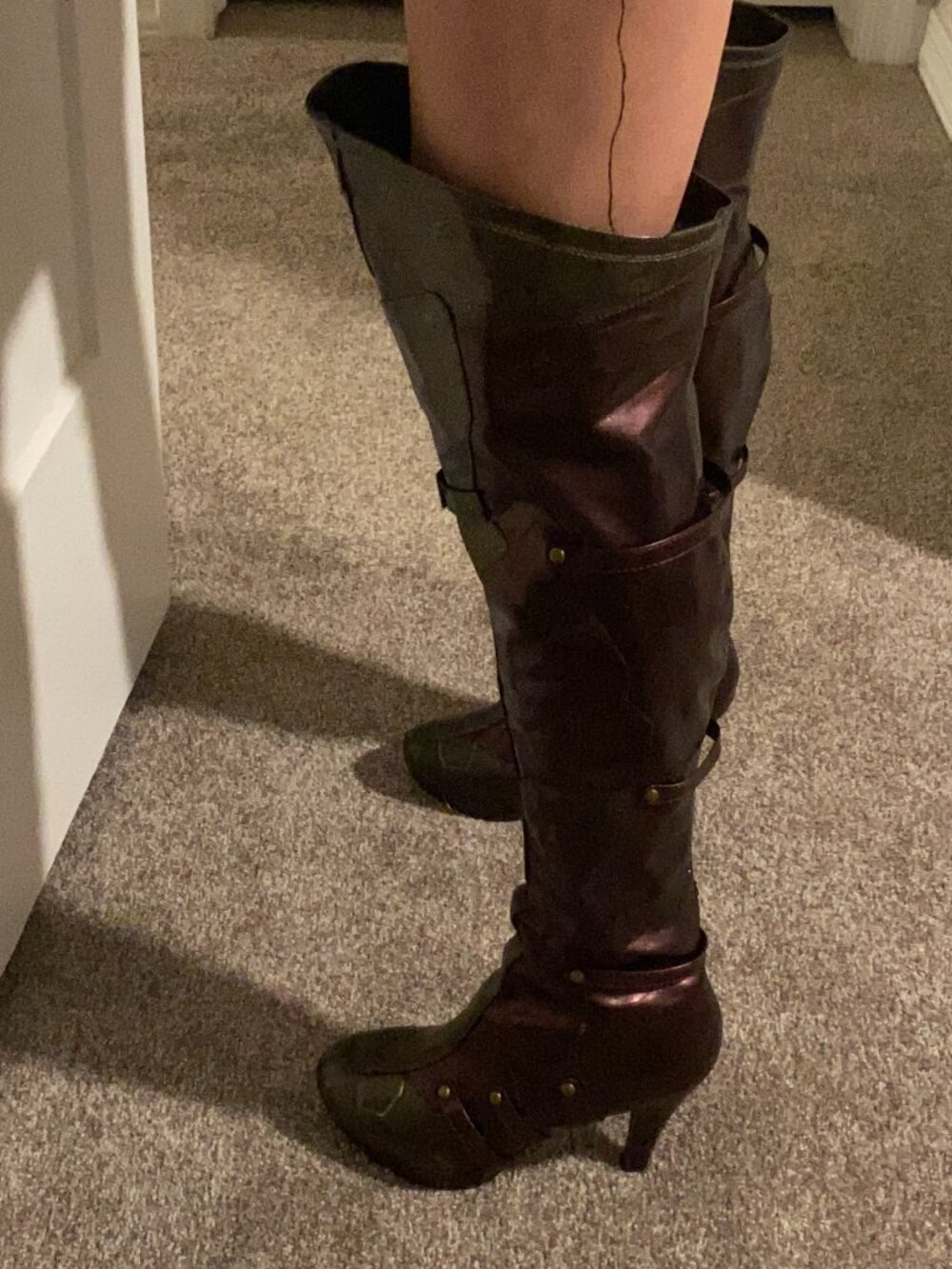 Ellie Over The Knee Platform Heel Boots Metallic Burgundy Goth Cosplay Y2K 7